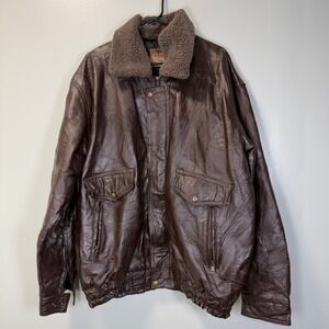 Leather Works Mens Vintage XXL Brown Leather Bomber Jacket Shearling Collar Coat